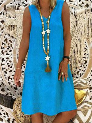 #ad Women#x27;s Summer Cotton Linen V Neck Sleeveless Baggy Holiday Sun Dress Plus Size $20.23
