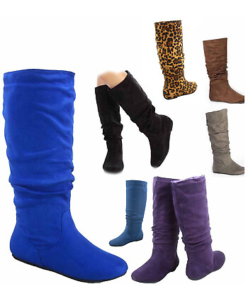 #ad #ad Women#x27;s Casual Comfort Mid Calf Knee High Round Toe Slouch Flat Heel Boot Shoes $32.19