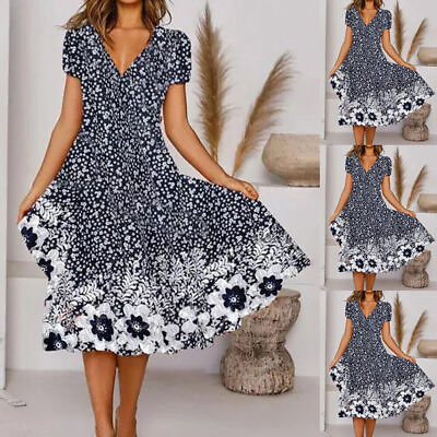 #ad Womens Floral V Neck Sundress Ladies Short Sleeve Midi Dress Casual Summer Dress $11.26