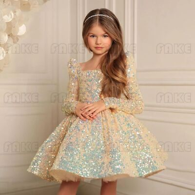 #ad Fashion Flower Girls Wedding Long Sleeves Dress Kids Sequins Pageant Bridesmaid $89.90