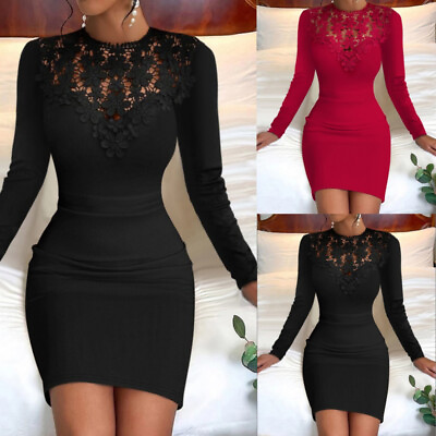 #ad Women Lace Floral Bodycon Long Sleeve Mini Dress Party Cocktail Evening Dress $16.89