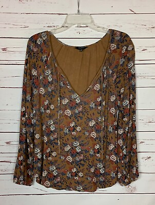 Lucky Brand Women#x27;s M Medium Brown Floral Long Sleeve Cute Boho Fall Top Shirt $28.00