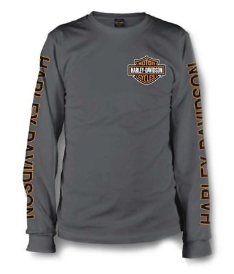 Harley Davidson Men#x27;s Long Sleeve Orange Bar amp; Shield Grey Shirt 30291963 $39.95