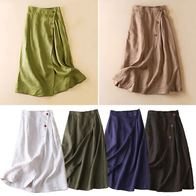 Swing Skirt Midi Skirt Dress A Line Elastic Cotton Buttoned Linen Summer Women $14.02