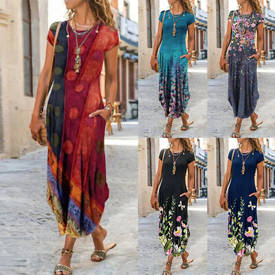 #ad Women#x27;s Summer Floral Boho Maxi Dress Ladies Short Sleeve Holiday Sundress Plus‹ $18.18