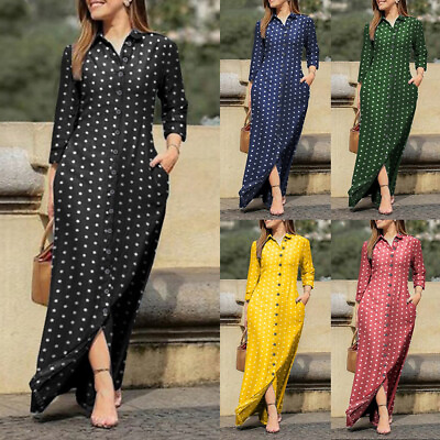 Womens Long Sleeve Maxi Shirt Dress Ladies Button Casual Loose Kaftan Dresses US $23.87