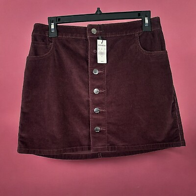 #ad Express Corduroy Mini Skirt Women#x27;s Size 6 30quot; Maroon Purple Button Front NWT $12.99