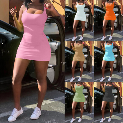 Women Sexy Bodycon Cami Mini Dress Ladies Summer Plain Party Clubwear Sundress $18.99