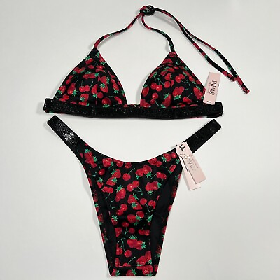 #ad Victoria Secret Large L Shine Strap Triangle Bikini Top Bottom Set Cherry Print $69.95