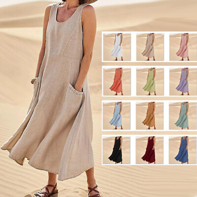 #ad Summer Plus Size Womens Casual Boho Solid Maxi Dress Sleeveless Long Sundress $26.99