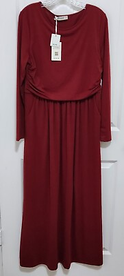 #ad Grace Kelly Women#x27;s L Red Long Sleeve Maxi Dress Pockets Ruched Stretch $17.00