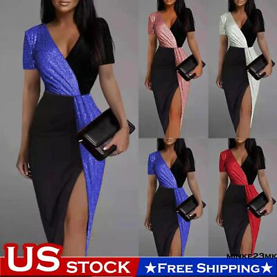 #ad Womens Sequins V Neck Bodycon Midi Dress Ladies Evening Cocktail Party Dresses $13.15