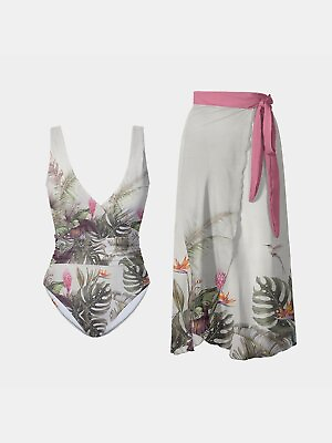 #ad Printed Surplice Wide Strap Swimwear and Skirt Swim Set $44.95