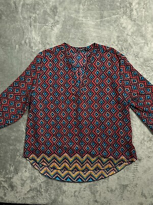 #ad Womens Tops 1XL Boho Hipster Red Aztec Chiffon Blouse Roll Tab Sleeve Cure $13.99