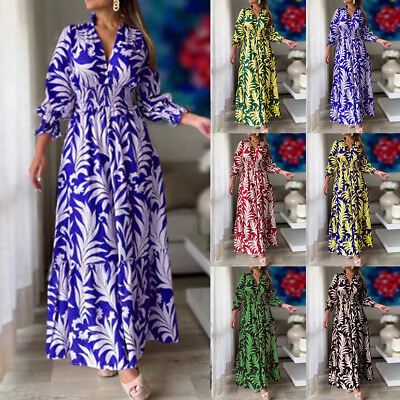 #ad Womens Boho V Neck Long Sleeve Maxi Dress Ladies Holiday Beach Swing Sundress US $28.39