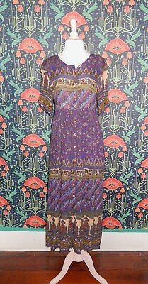 #ad Vintage 90#x27;s Y2K Boho Hippie Grunge Border Print Indian Maxi Flowy Dress $44.99