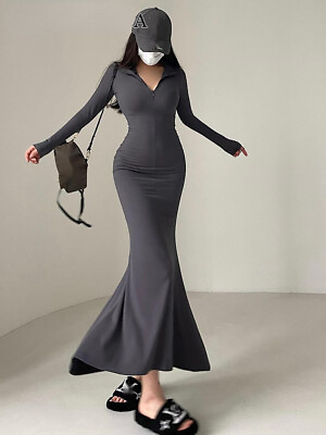 #ad Sexy Tight Slim Lapel Long Sleeve Hip Slim V Neck Dress Long Dresses Robe $53.66