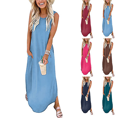 #ad Women Casual Loose Sundress Long Dress Sleeveless Split Maxi Dresses Summer $17.44