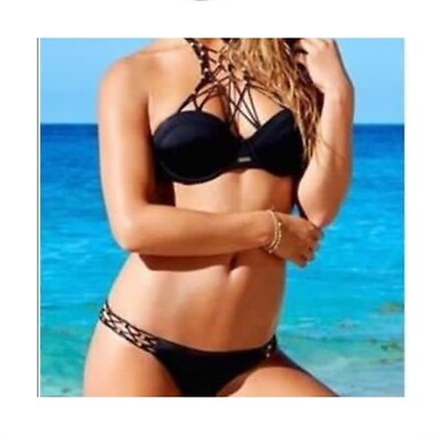 #ad Beach Bunny Womens Swimsuit Bikini Black Gold 2 Pieces Sz XS M Halter Underwired $169.00