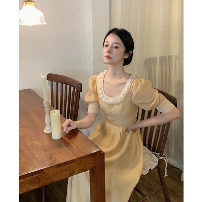 #ad Lady Lace Dress Tea Midi Short Puff Sleeve Ruffle Elegant Party Retro Yellow $40.62
