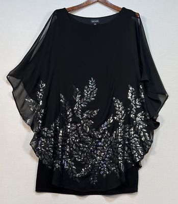 #ad Xscape Women#x27;s Sheer Cap Top Sheath Evening Dress Size 14 Black Sequin $45.99