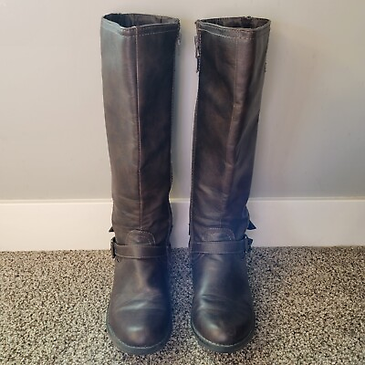 #ad Stylish Women#x27;s Faux Dark Brown Tall Leather size 7.5 Boots Zippered w Buckle $19.50
