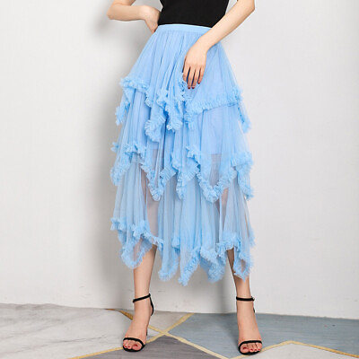 #ad Women Asymmetrical Tulle Ball Gown Skirt Elegant High Waist Mesh A line Skirt $15.40
