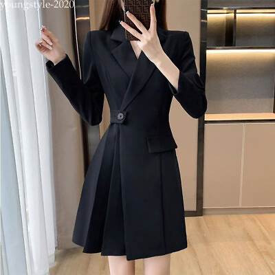 #ad Korean Womens Pleated A line Long Sleeve Business Workwear Evening Mini Dress $34.95