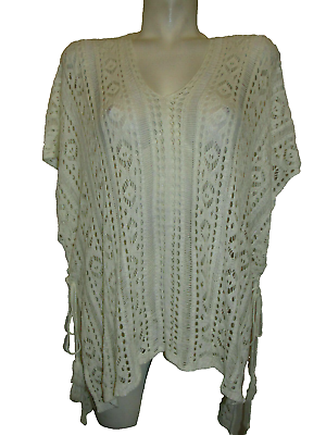 #ad Ivory Open Weave HI LO Drawstring Sides Beach Cover Up Knit Tunic One Size $18.04