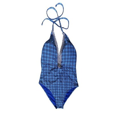 #ad Mermaid Swimwear Plaid Ruffle Bright Blue Halter One Piece Swimsuit Size L $27.00
