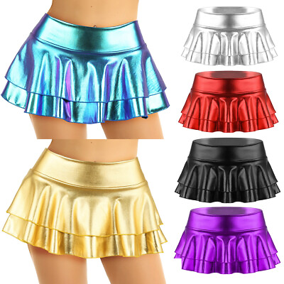 #ad Sexy Women#x27;s Metallic Mini Skirt Wetlook Shiny Skater Dance Party Skirt Clubwear $4.99