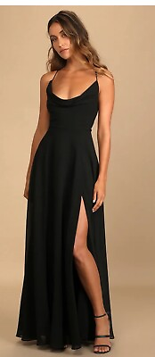 #ad LULU#x27;S SZ Small Romantically Speaking Black Cowl Lace Up Maxi Party Dress NWOT $52.00