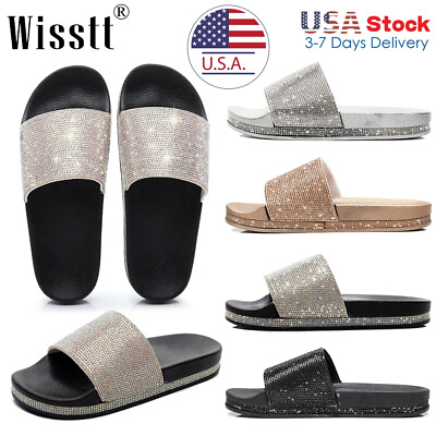 Womens Beach Shoes Flat Slippers Summer Sandals Casual Sparkle Slides Outdoor US $14.36