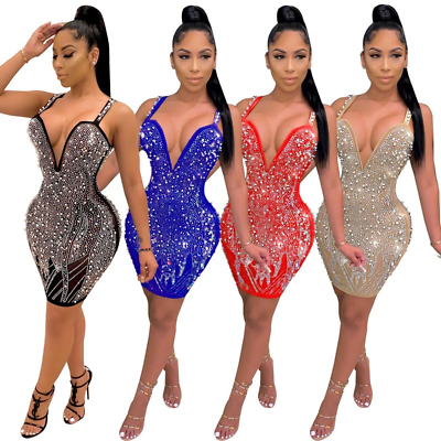 #ad New Women#x27;s V neck Backless Rhinestone Beaded Strap Bodycon Party Cocktail Dress $22.99
