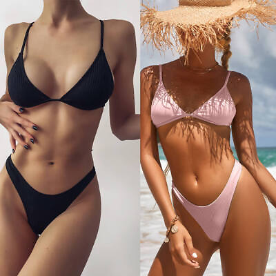#ad Sexy Women#x27;s Bikini Halter Bra Thong Strap Push up Swimwear Beachwear Lady Girls $25.19