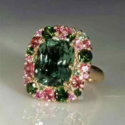 #ad 2Ct Cushion Simulated Emerald Cocktail Women Ring 14K Yellow Gold Plated Silver $104.25