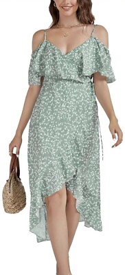 #ad Boho Floral Off The Shoulder V Neck Wrap Summer Dress SMALL ruffle $14.45