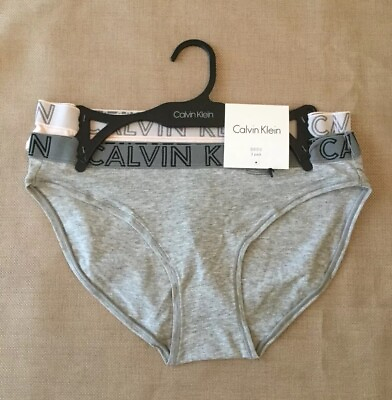Calvin Klein Bikini Panties 2 Pk Outline Logo Waistband Gray Pale Pink Small NWT $21.99
