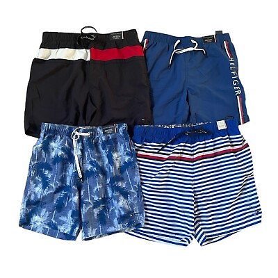 #ad NWT Tommy Hilfiger Men#x27;s 7quot; Striped Swim Trunks Quick Dry Short Maillots $34.98