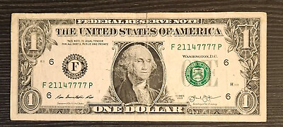 Fancy Serial Number 1 Dollar Bill 4 of a Kind Lucky 7s Pair of 1s Series 2013 $11.00