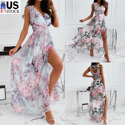 Womens Boho Floral Long Maxi Dress Lady Summer Beach Evening Party Slit Sundress $12.65
