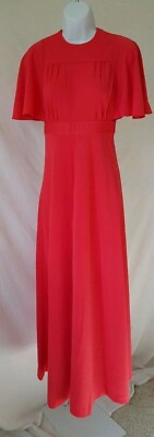 #ad Vintage 70s Batwing Sleeve Maxi Dress 1970s Polyester Clothing Red Evening Wear $34.95