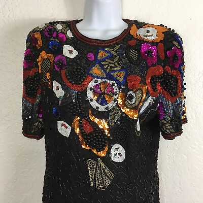 Scala Dress XL Sequined Fully Beaded Cocktail Black Keyhole Back Vintage Lined $99.99