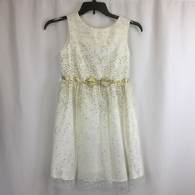 #ad Jona Michelle Party Dress Girls Size 12 Polka Dot Mesh Overlay Metallic Gold $18.98