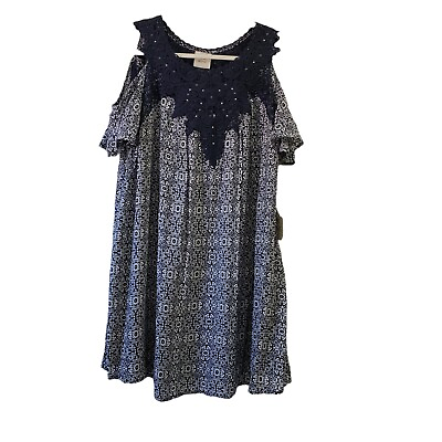 Knox Rose Boho Dress Medium Blue Floral Short Cold Shoulder Embroidered NWT $28.95