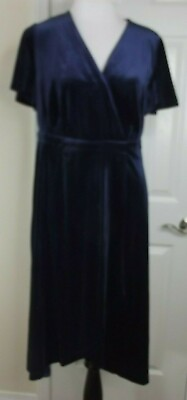 ROAMANS Party Cocktail DRESS Size 14W Blue Velvet Look Faux Wrap Short Sleeve $17.37