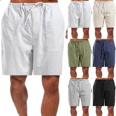 #ad Men Cotton Linen Elastic Waist Shorts Drawstring Summer Beach Casual Short Pants $16.35