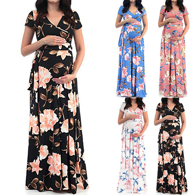 Pregnant Womens Short Sleeve Stretchy Maxi Dresses Maternity Summer V Neck Dress $23.41