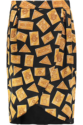 #ad MOSCHINO COUTURE x Jeremy Scott Logo Gold Plaque Satin Skirt LOGO BEAR Draped $394.80