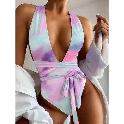 Women Swimsuit Deep V Sexy Swimwear Print High Waist Bikini Set Summer Beach Bra $7.50